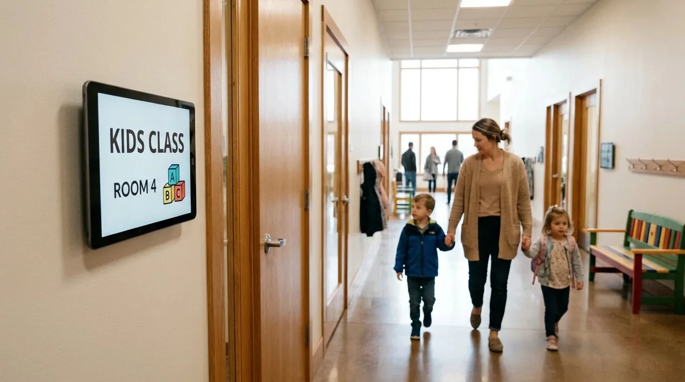 A church hallway outside the kids classrooms with a screen showing the Kids Class room number