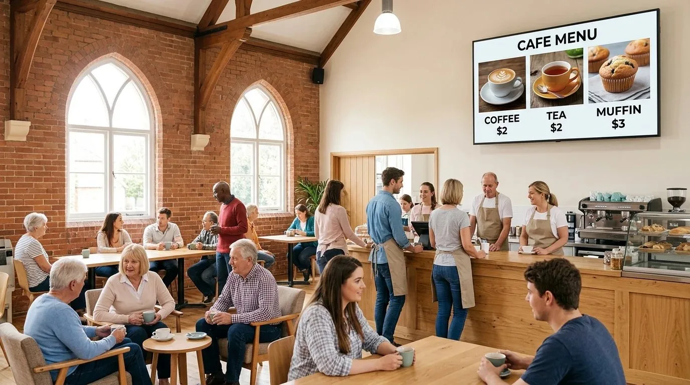 A church cafe with a digital menu board listing coffee, tea and muffin prices