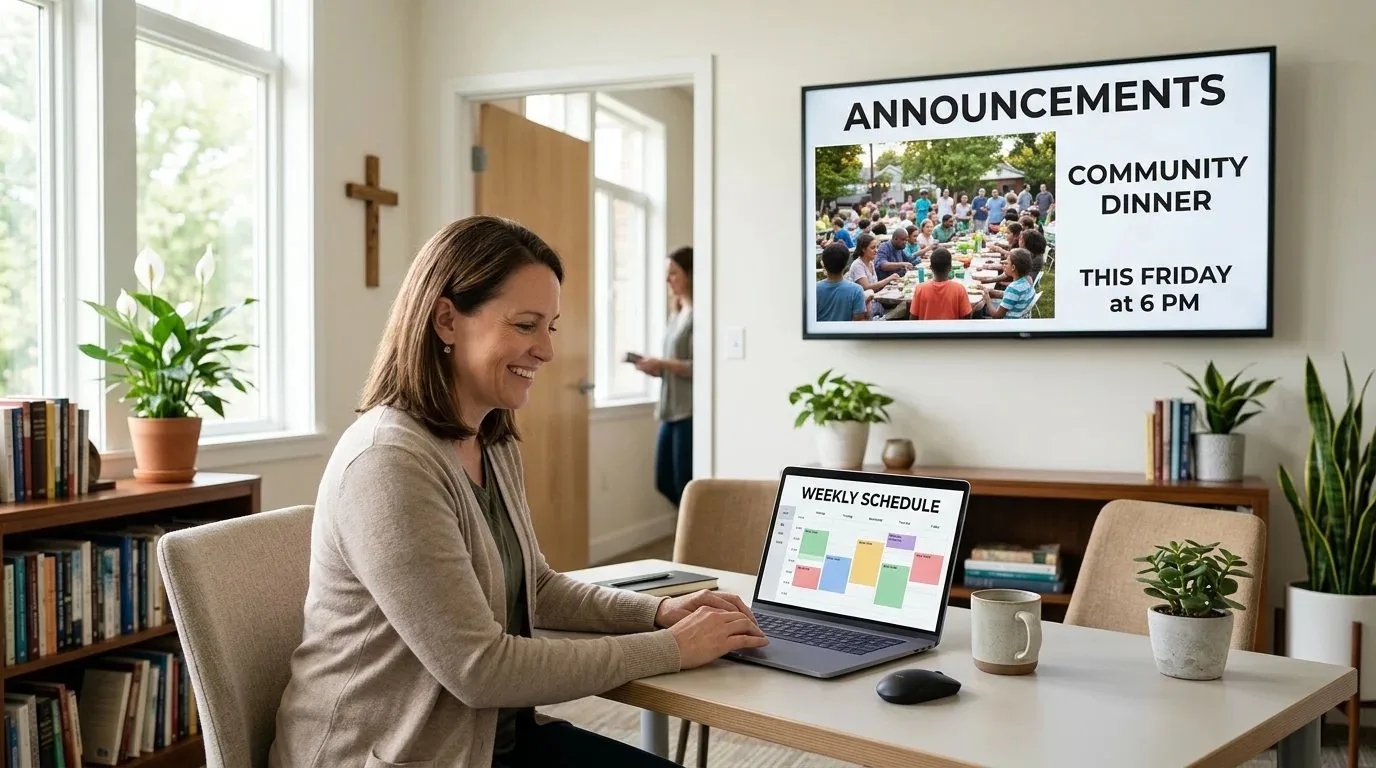 Staff in a church office with a digital screen showing announcements