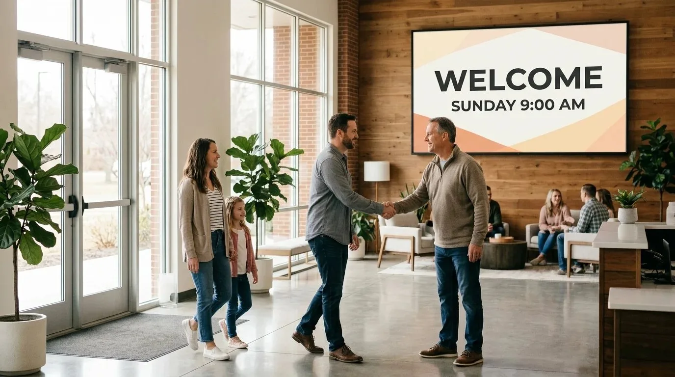 A church welcome lobby with a greeter and a digital welcome screen showing Sunday service time