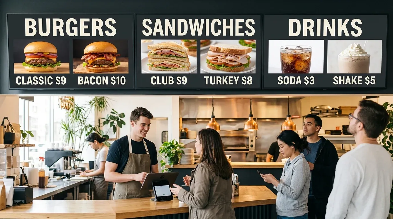 Cashier taking an order at a counter, with burger, sandwich and drinks menu boards overhead