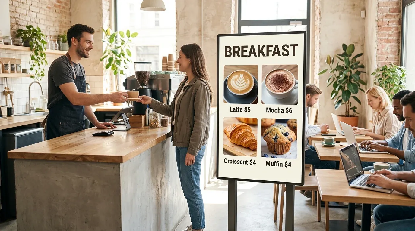 Barista handing a customer a coffee beside a freestanding breakfast menu screen