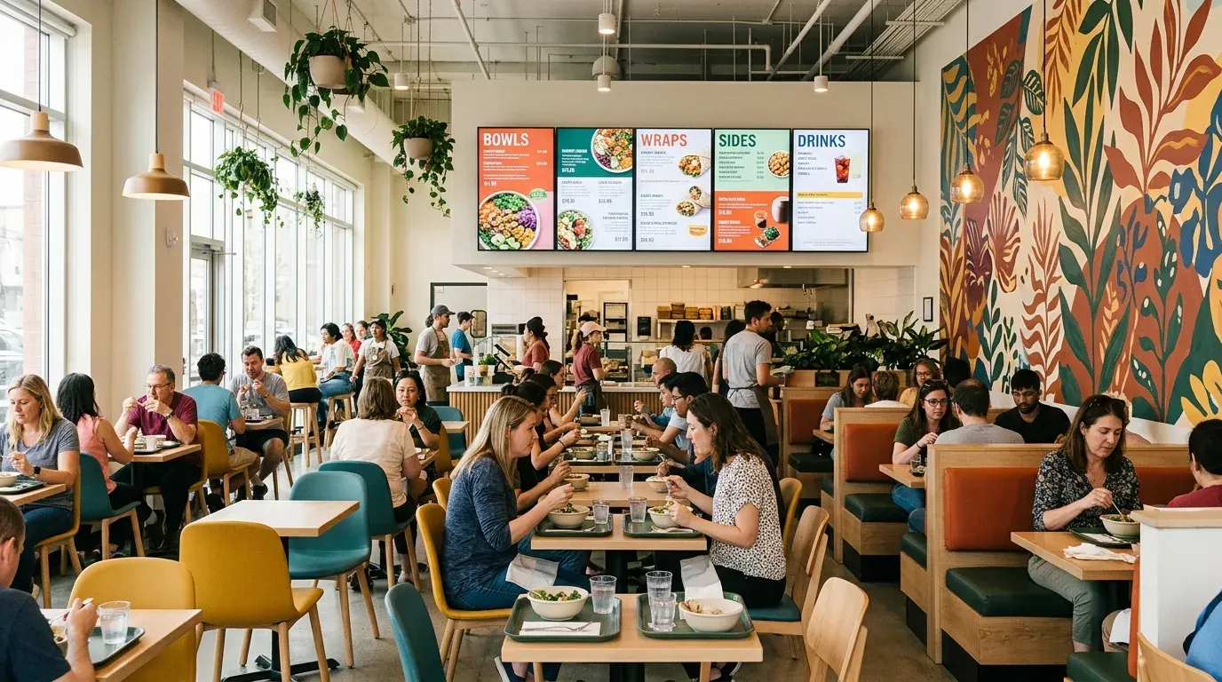 Busy fast casual dining room with a row of bowls, wraps, sides and drinks menu screens beside a wall mural