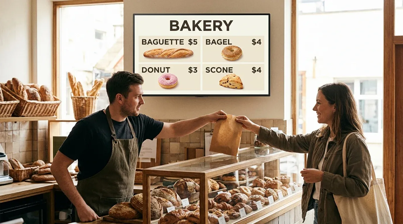 Baker handing a customer a pastry bag at a bakery counter, with a bakery menu screen on the wall