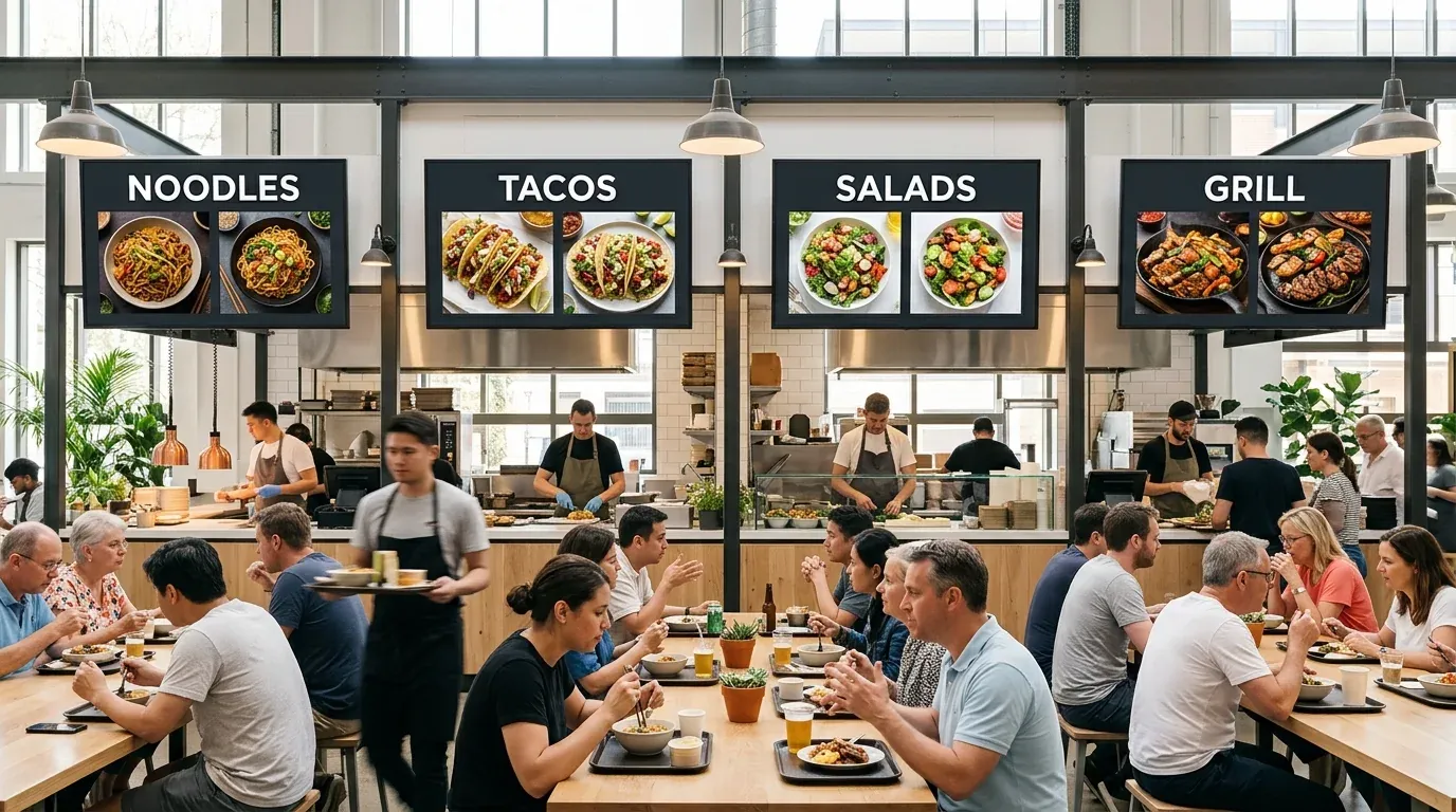 Busy food hall with diners at shared tables and menu screens above the noodles, tacos, salads and grill stalls