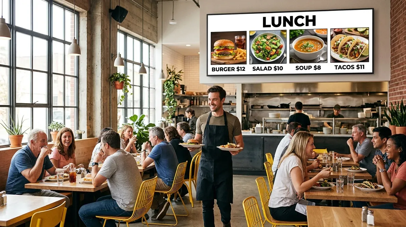 Server carrying plates past diners in a bright restaurant, with a lunch menu board on the wall