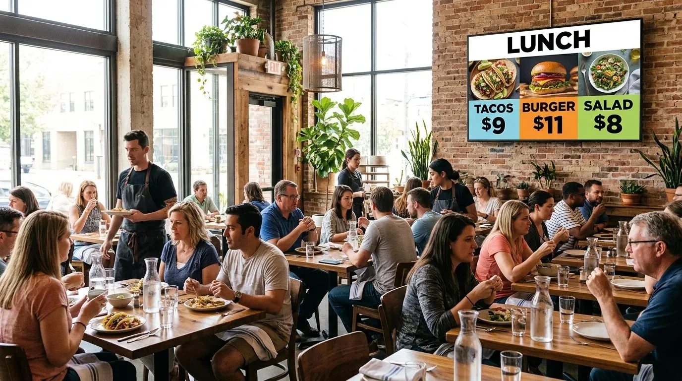 A busy restaurant dining room with a digital menu board showing lunch specials