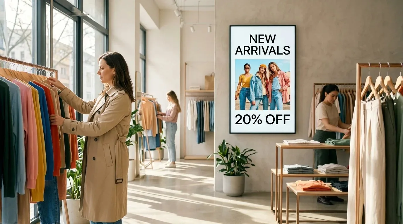A retail sales floor with a digital screen promoting new arrivals
