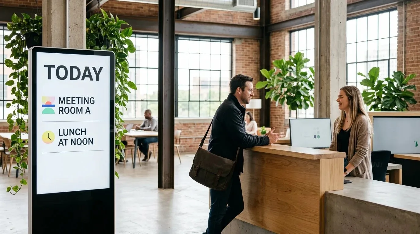 A coworking reception desk with a digital screen showing the day's meeting rooms and lunch time