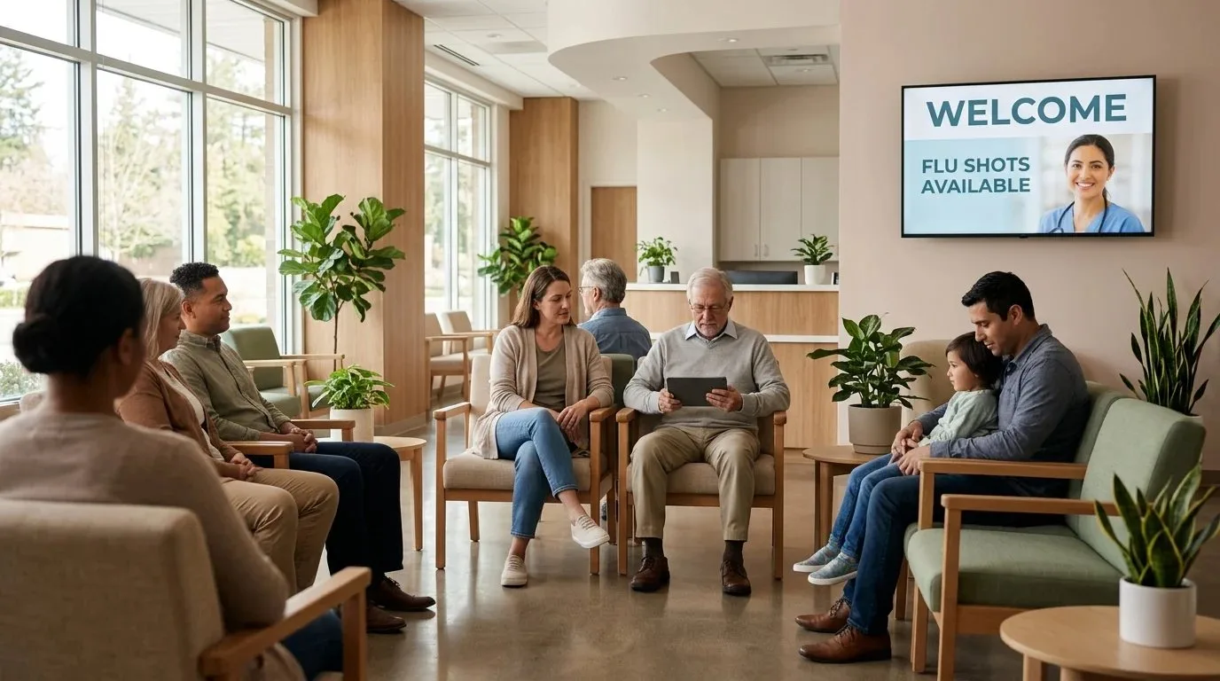 A clinic waiting room with a digital screen announcing flu shots