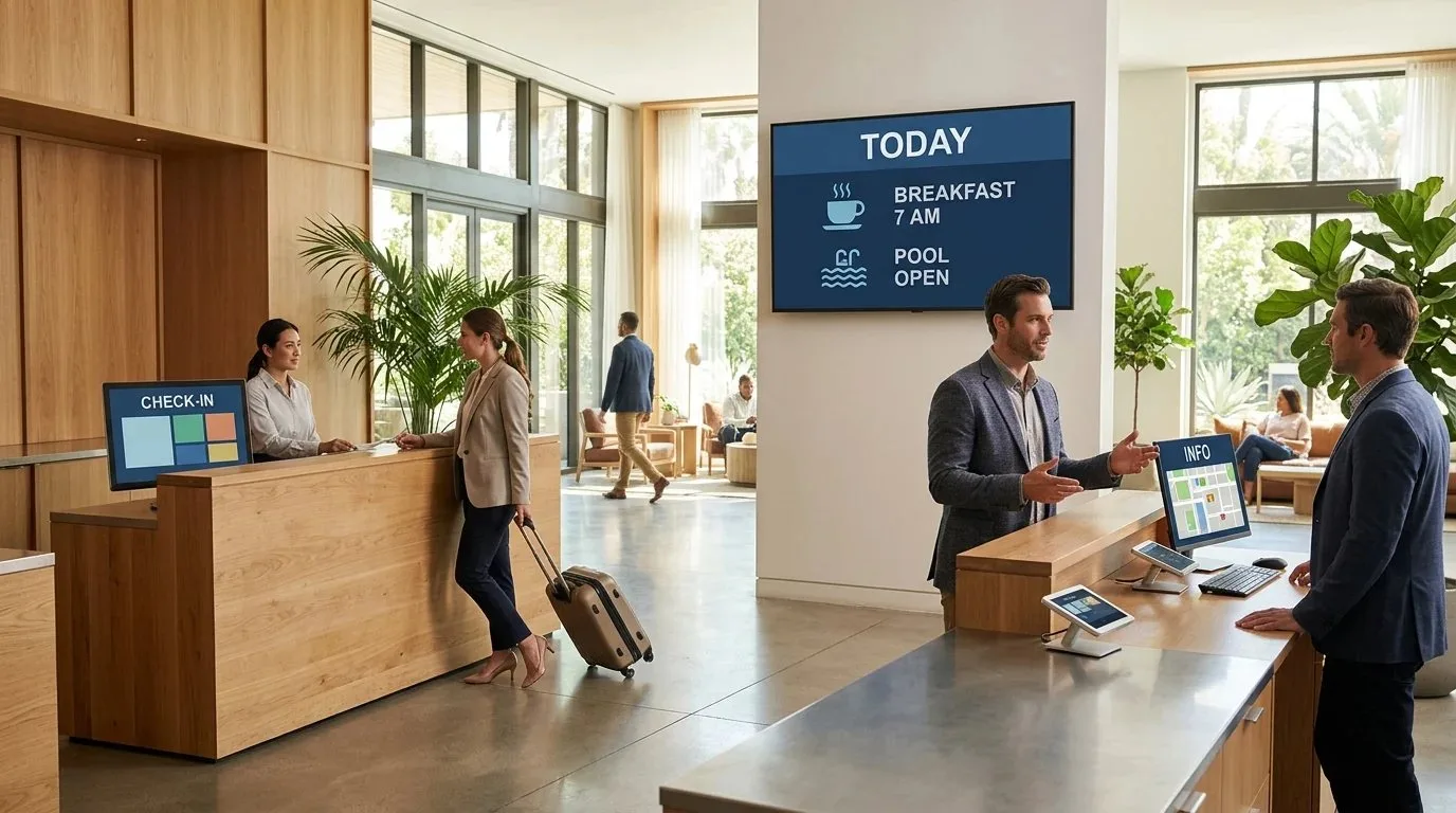 A hotel lobby with a digital screen showing breakfast and pool hours