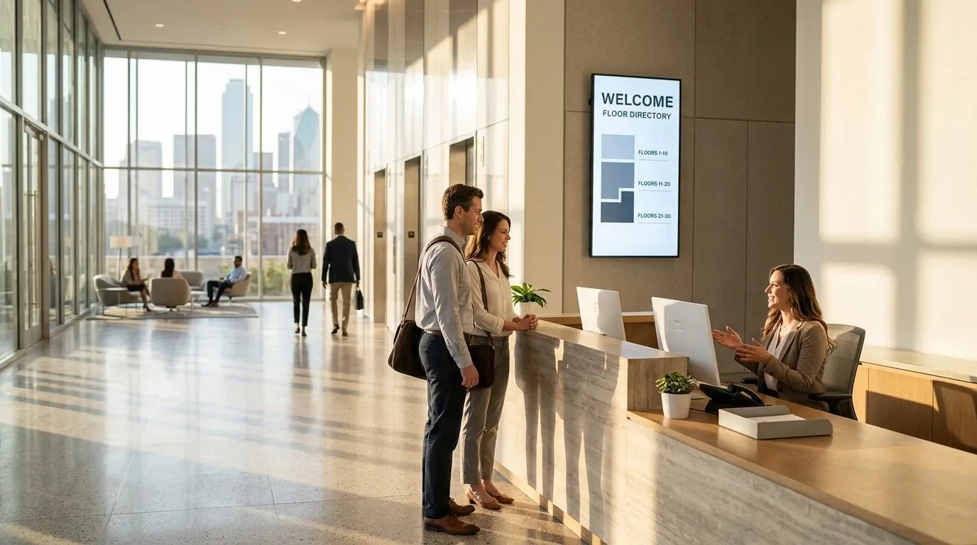 A downtown Dallas office tower lobby with a receptionist, visitors, and a digital floor directory screen