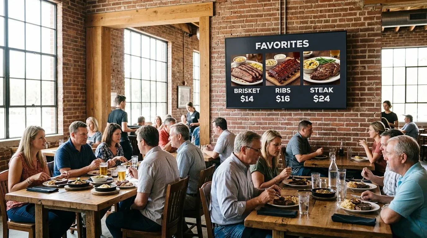 A Fort Worth steakhouse dining room with a digital menu board