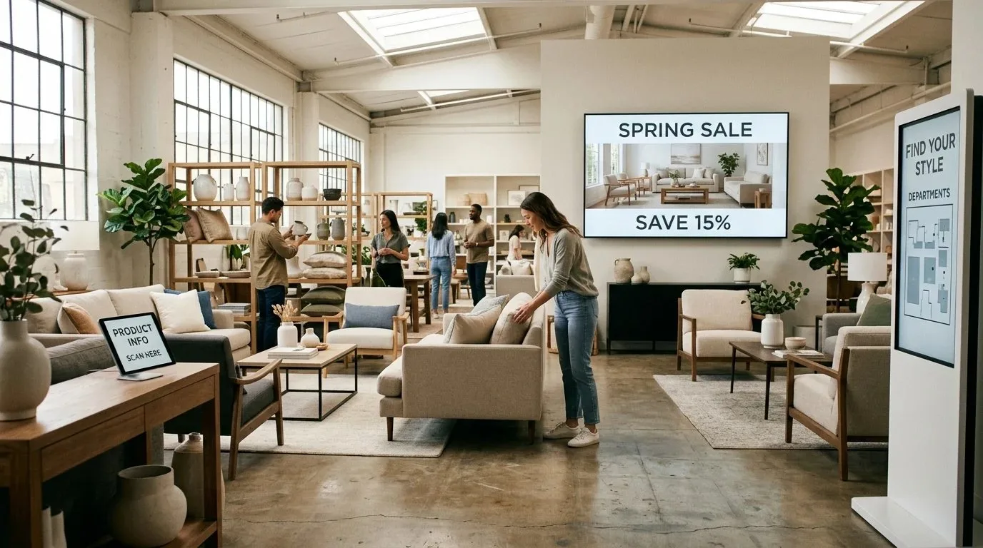 A home goods store with a digital screen promoting a spring sale