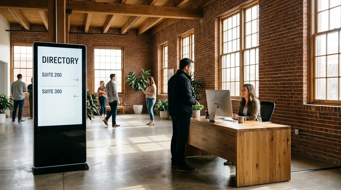 A historic brick office lobby with a digital suite directory