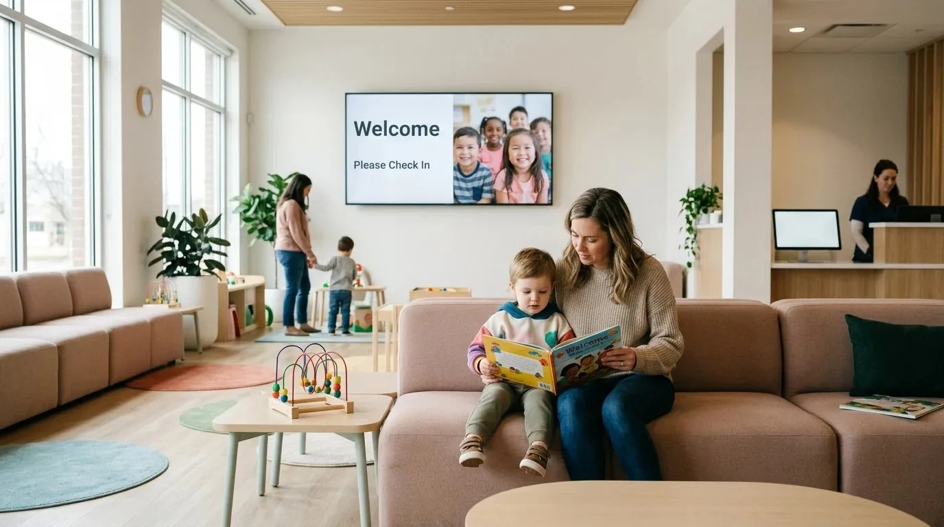 A pediatric waiting room with a digital welcome screen