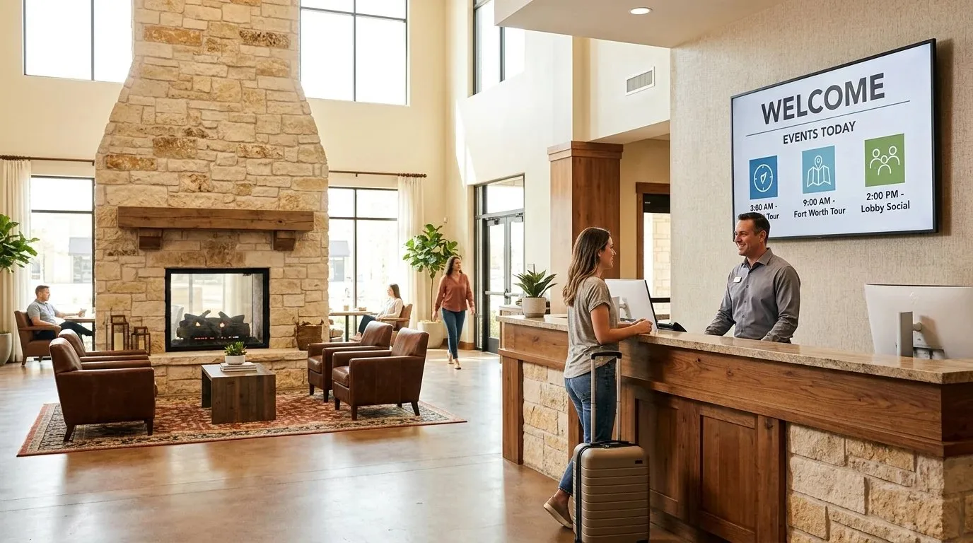 A hotel lobby with a stone fireplace and a digital events screen