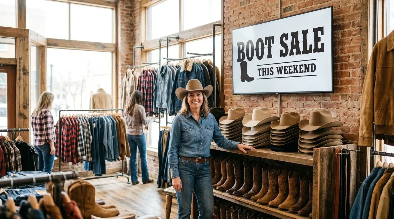 A Fort Worth western wear boutique with a digital screen announcing a boot sale