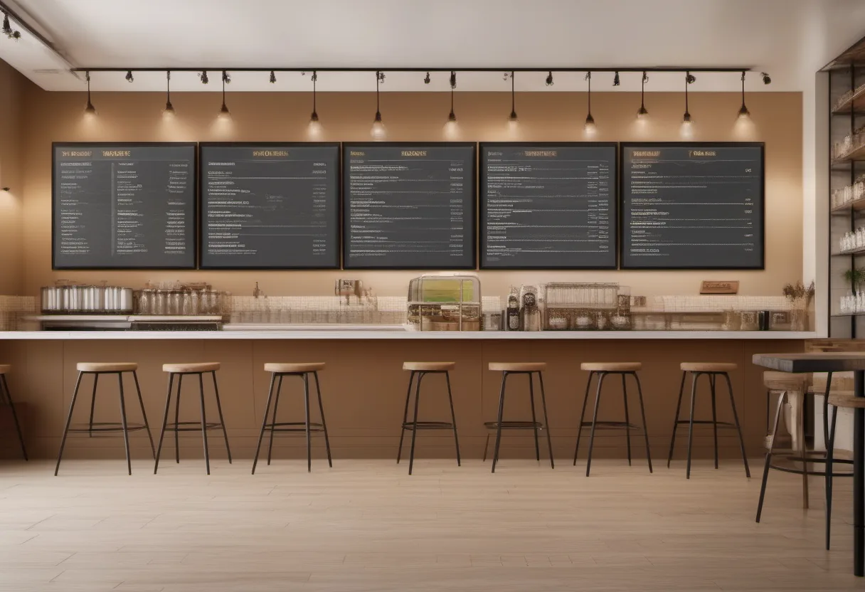 Digital menu boards on a cafe counter with stools