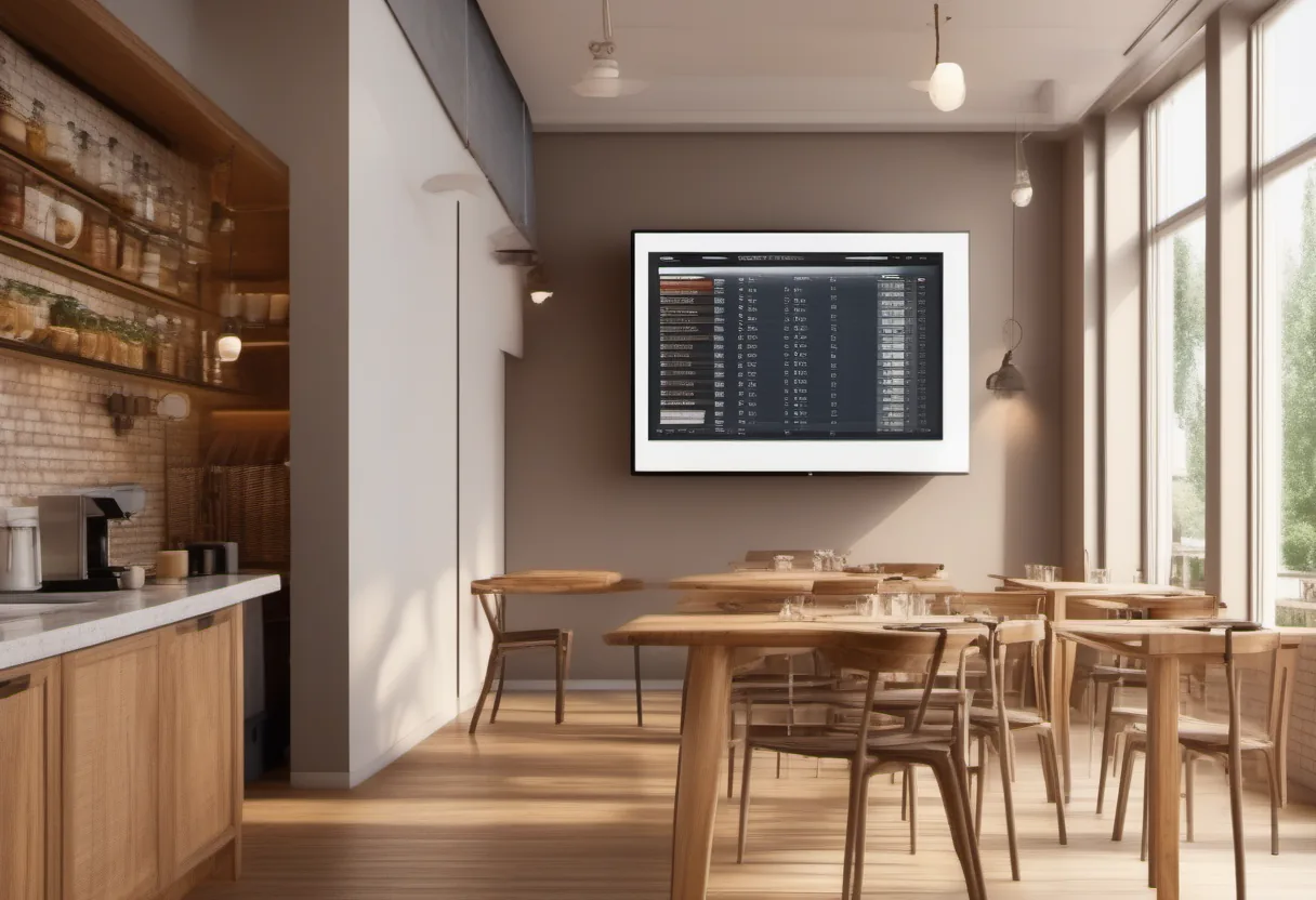 Digital display showing analytics in a coffee shop setting