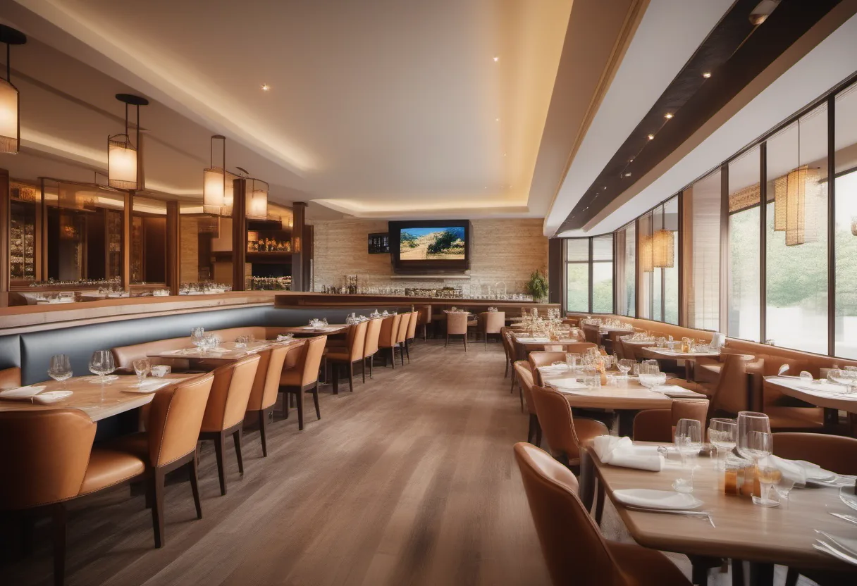Restaurant with long tables, chairs, and large digital screen on wall