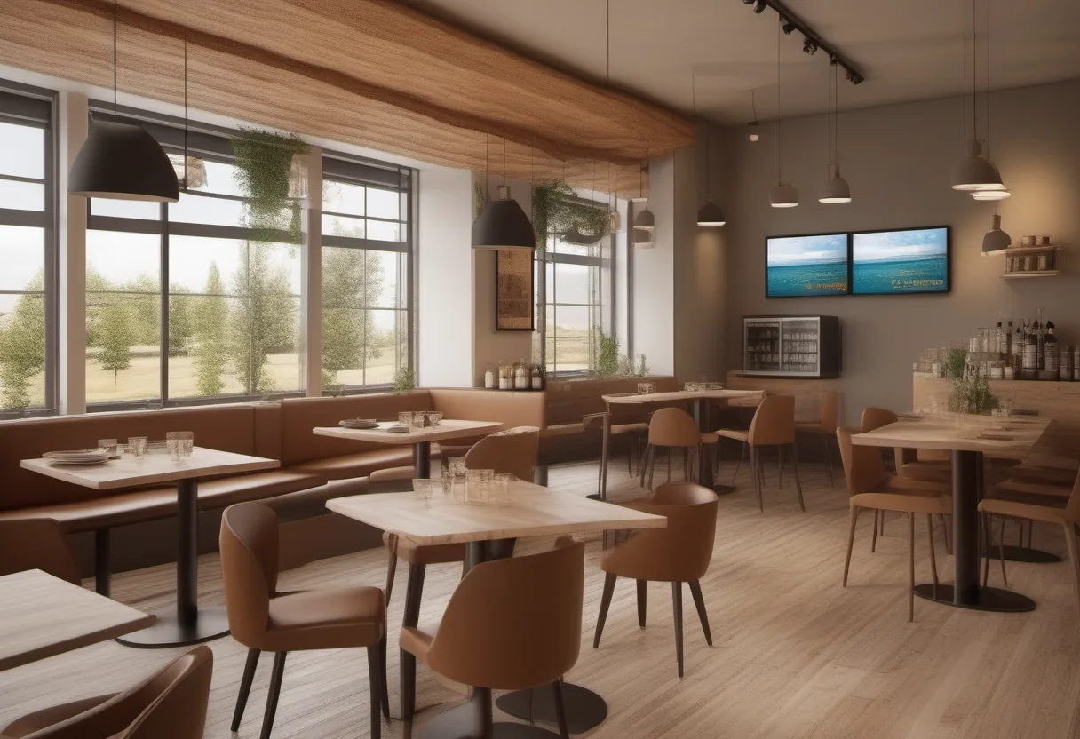 Cafe with tables, chairs, and digital displays showing ocean scenes
