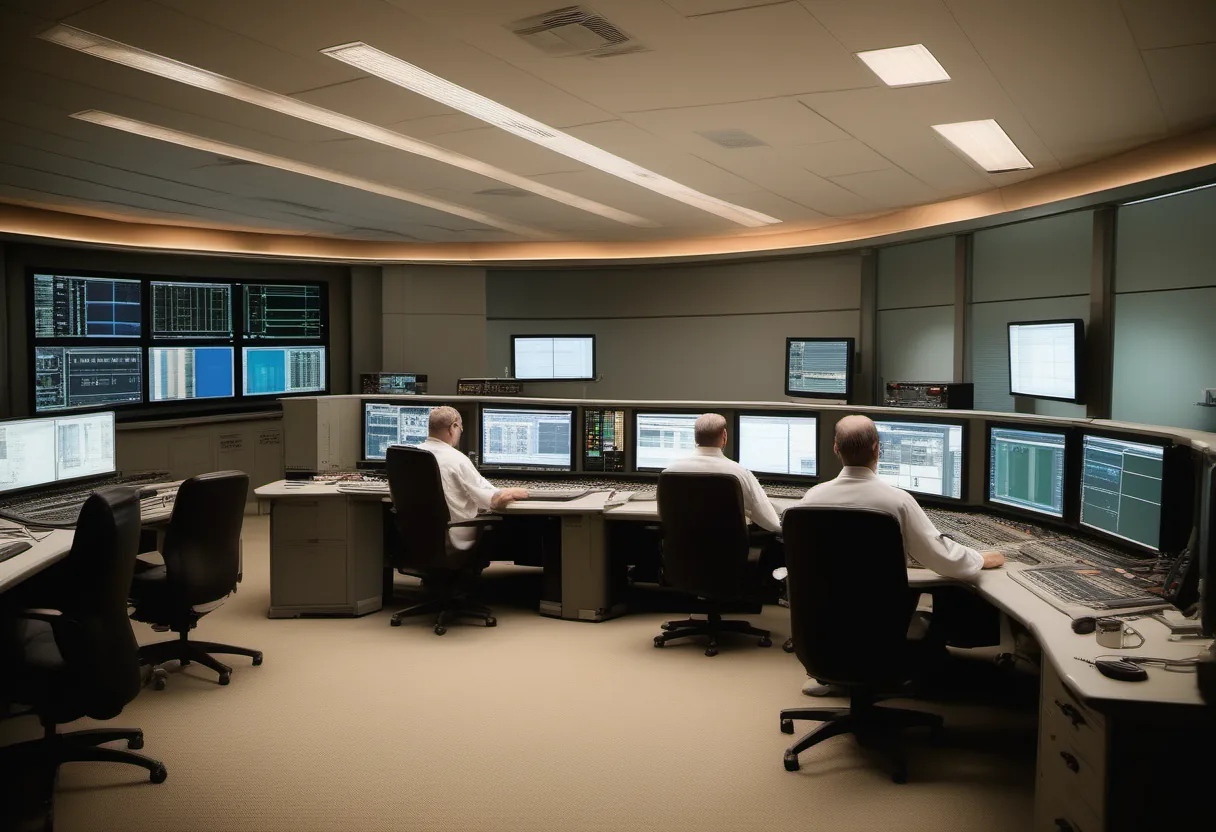 Three people working at multiple computer monitors in a control room