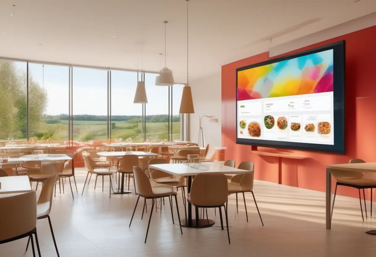 Modern restaurant interior with digital display screen and tables